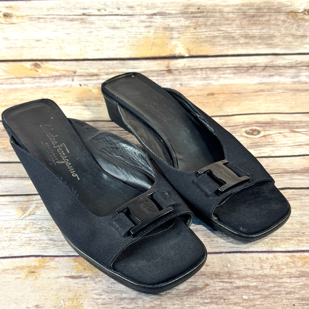 Salvatore Ferragamo Boutique Womens Black Open Square Toe Slides Sandals 10 AA